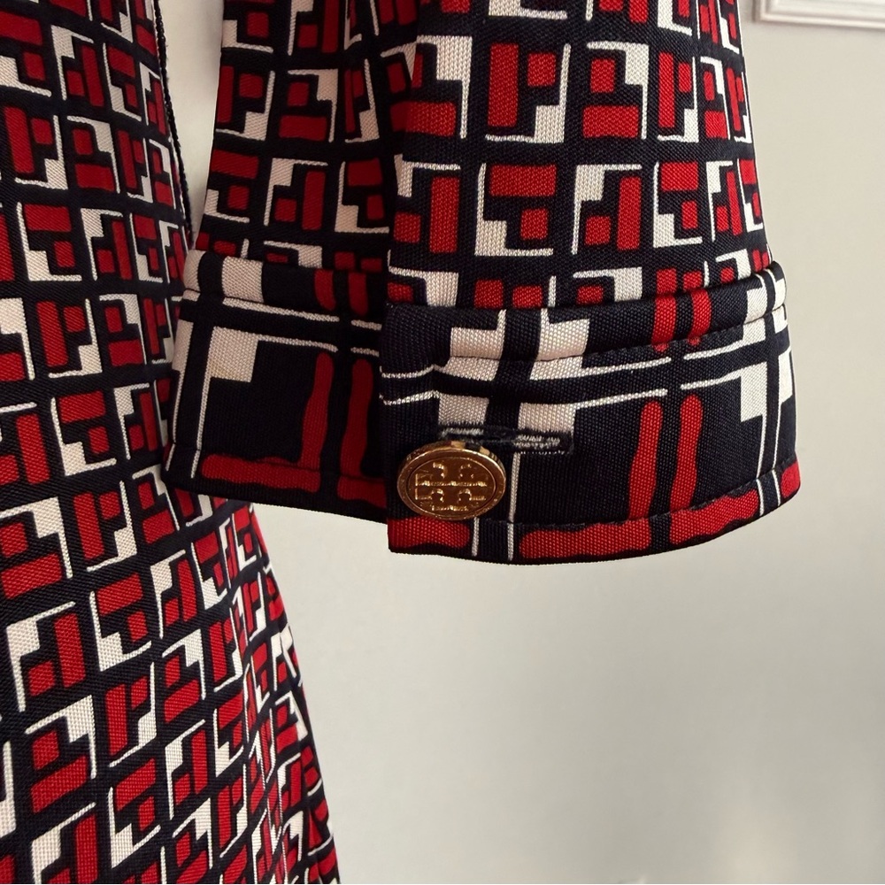 TORY BURCH Red and Black Geometric Long Sleeve Silk Dress Small - Picture 5 of 6